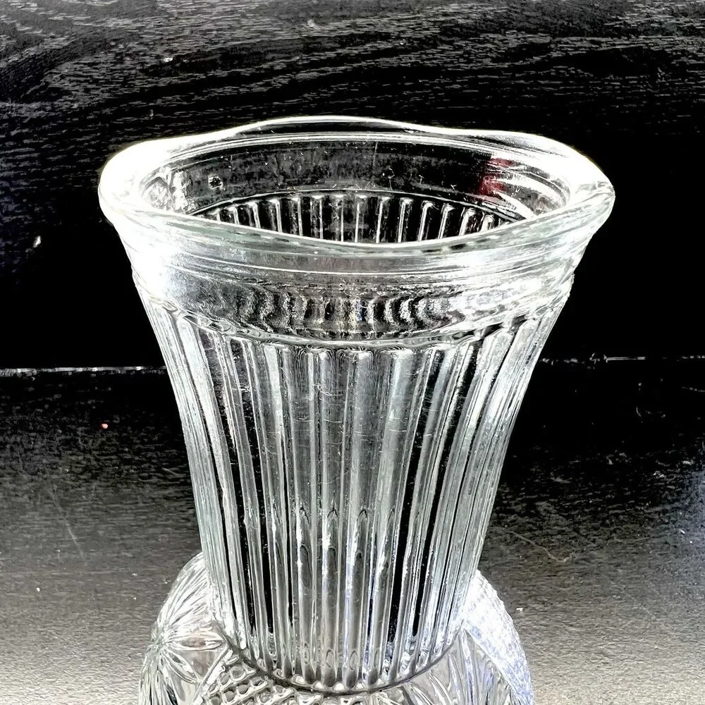 Vintage Clear Pressed Glass 6.5”Flower Vase- Ribbed & Starburst Diamond Design